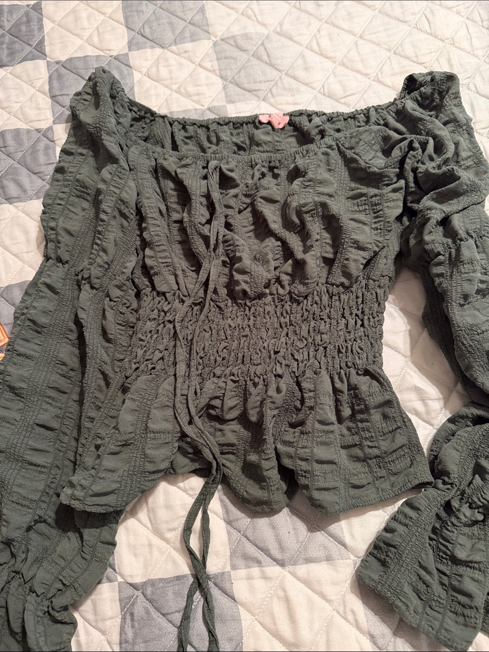 Olive Green Smocked Off-Shoulder Blouse